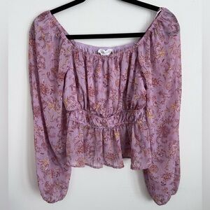 Pink Rose Purple Floral Squareneck Puff Sleeves Cottagecore Blouse Top Small